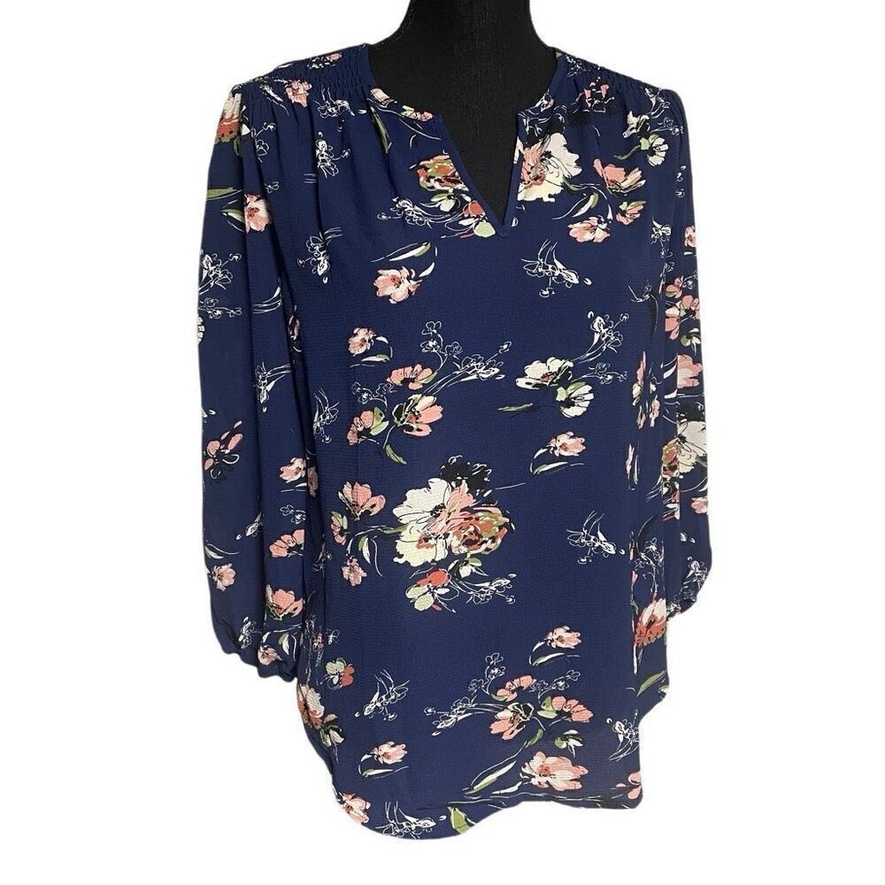 fun2fun Navy Floral Crepe Notched Neck Top - XS